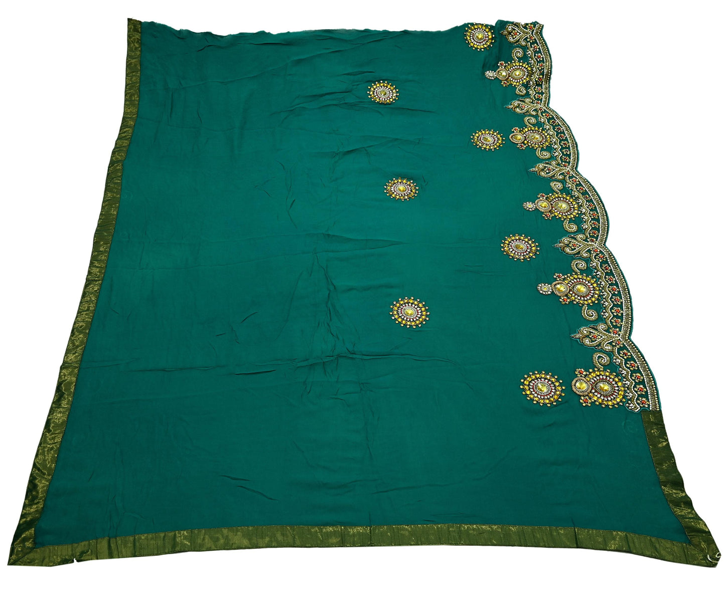 Indian Vintage Green Pure Georgette silk Hand Embroidered Design Fabric 55"X45" Zardozi/Dabka/Zari Crafting Quilting Dress making Crafting