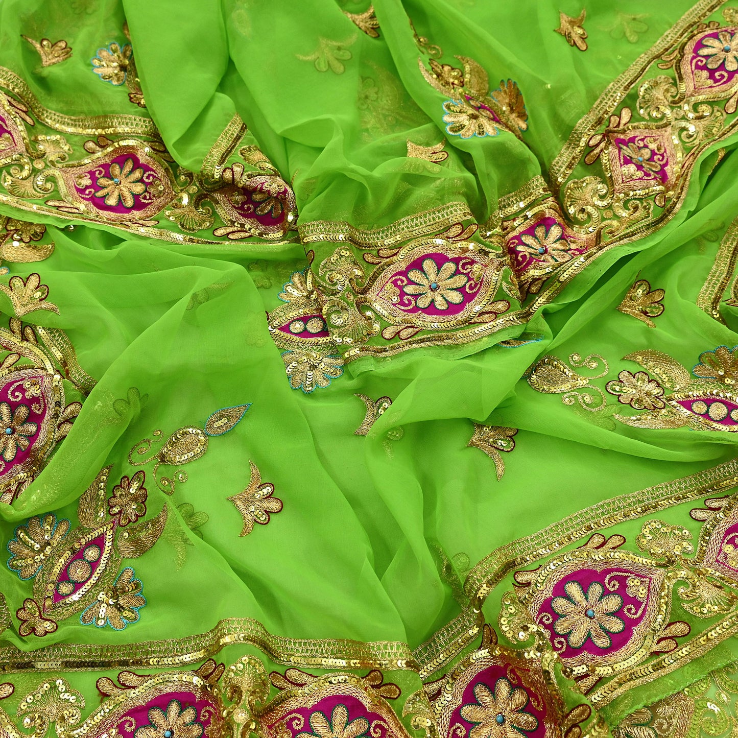 Indian Vintage Bridal Heavy Parrot Green Dupatta American Georgette Hand Embroidered Rajputi Odhani Scarves Zari Zardozi Bollywood Wedding