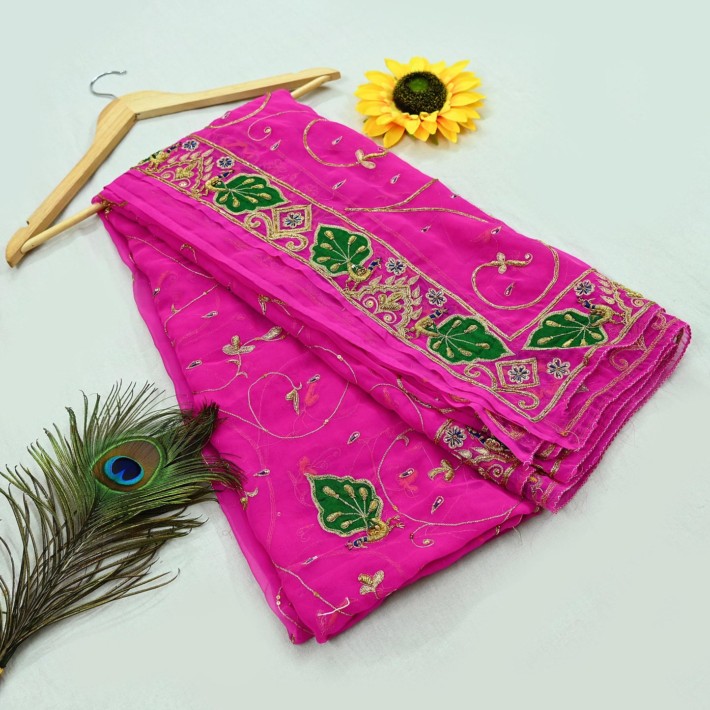 Indian Vintage Bridal Heavy Rani Pink Dupatta American Georgette Hand Embroidered Rajputi Odhani Scarves Zari Zardozi Bollywood Wedding