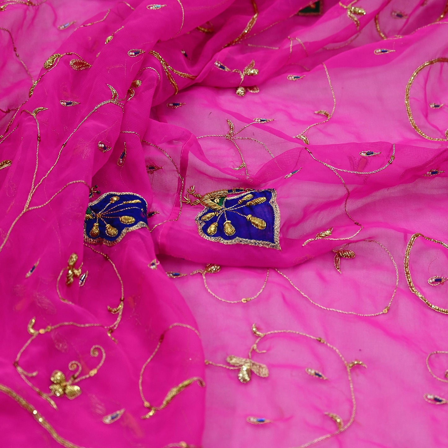Indian Vintage Bridal Heavy Rani Pink Dupatta American Georgette Hand Embroidered Rajputi Odhani Scarves Zari Zardozi Bollywood Wedding