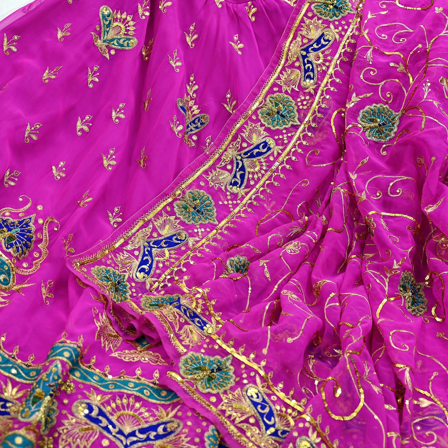 Indian Vintage Magenta American Georgette Hand Embroidered Rajputi Phoshak Lehenga/Dupatta 2pcs Set Bridal Party Wear Peacock Design Zari