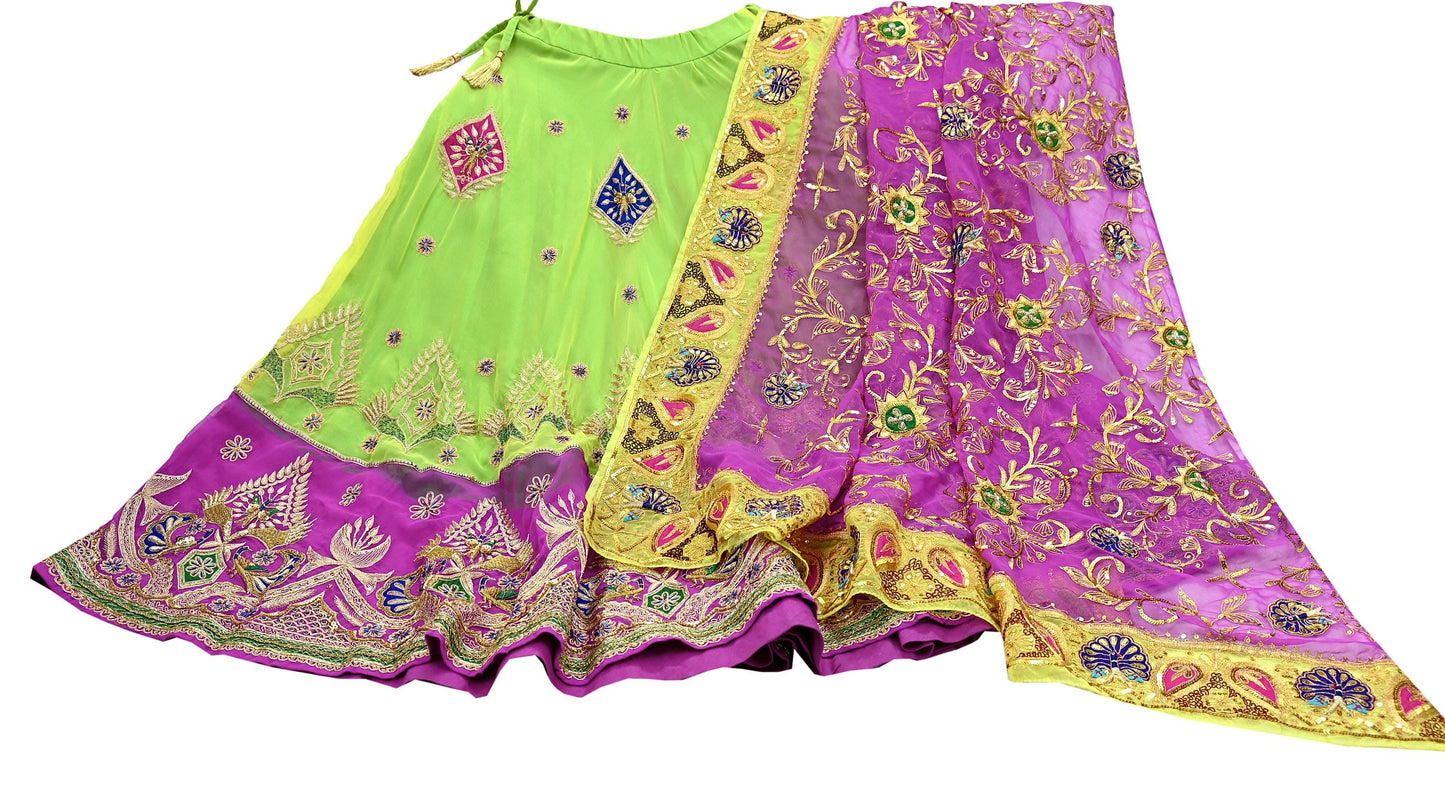 Indian Vintage Magenta & Green American Georgette Hand Embroidered Rajputi Phoshak Lehenga/Dupatta 2pcs Set Bridal Party Wear Peacock Design