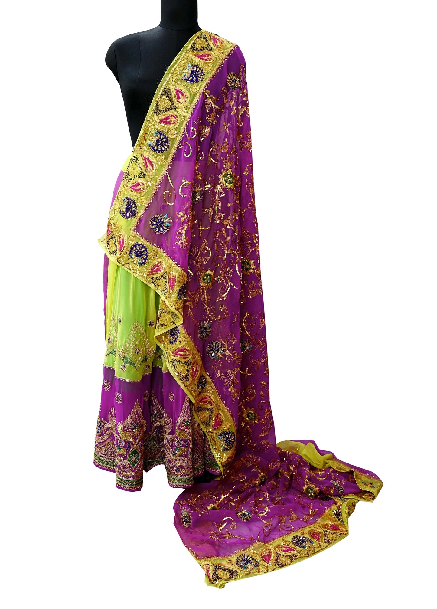 Indian Vintage Magenta & Green American Georgette Hand Embroidered Rajputi Phoshak Lehenga/Dupatta 2pcs Set Bridal Party Wear Peacock Design
