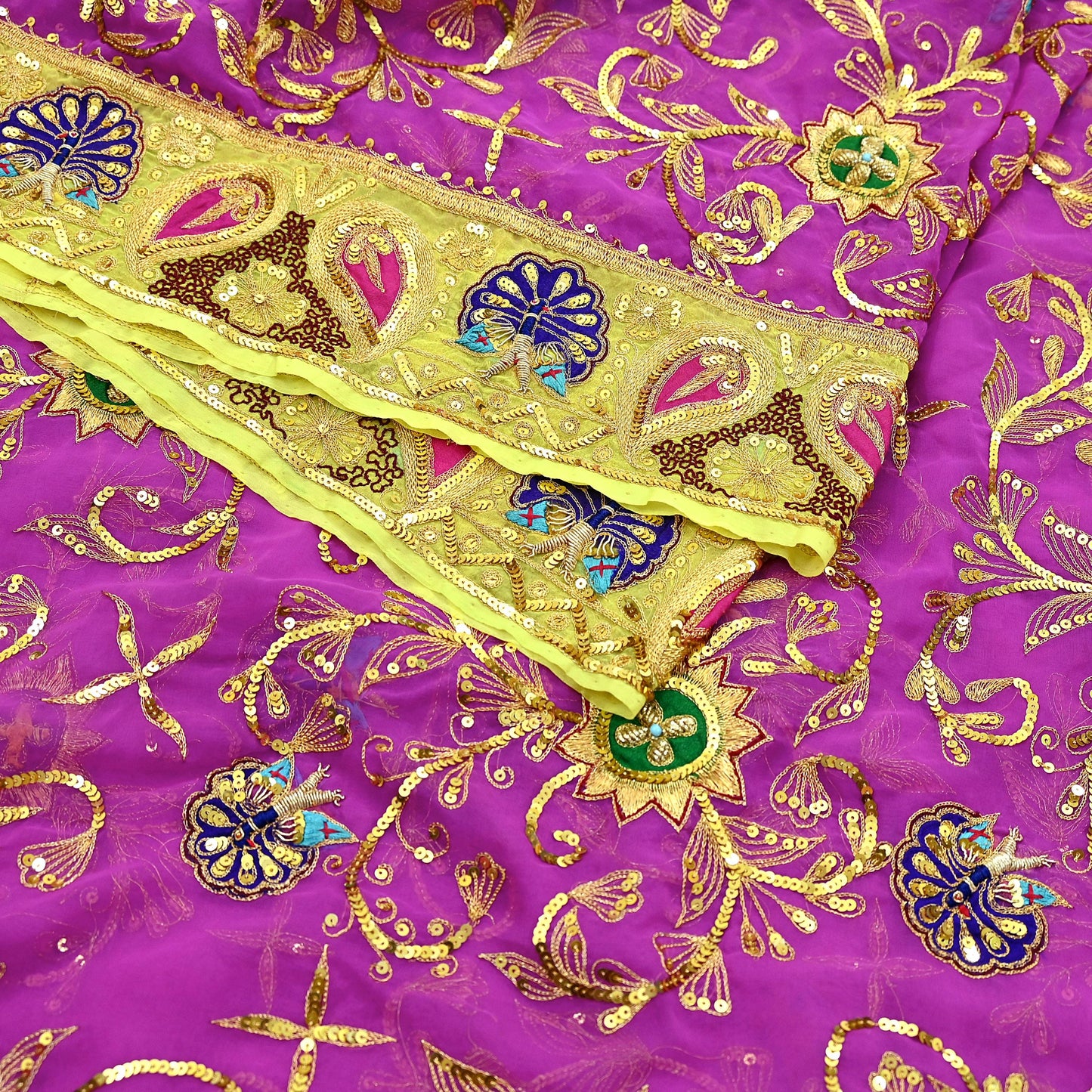 Indian Vintage Magenta & Green American Georgette Hand Embroidered Rajputi Phoshak Lehenga/Dupatta 2pcs Set Bridal Party Wear Peacock Design