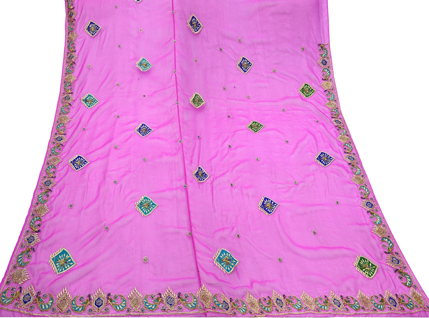 Indian Vintage Magenta American Georgette Hand Embroidered Rajputi Phoshak Lehenga/Dupatta 2pcs Set Bridal Party Wear Peacock Design Zari