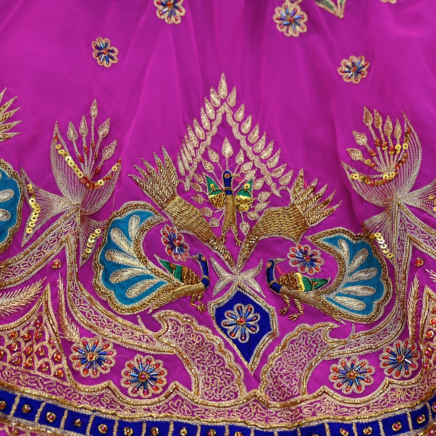 Indian Vintage Magenta American Georgette Hand Embroidered Rajputi Phoshak Lehenga/Dupatta 2pcs Set Bridal Party Wear Peacock Design Zari