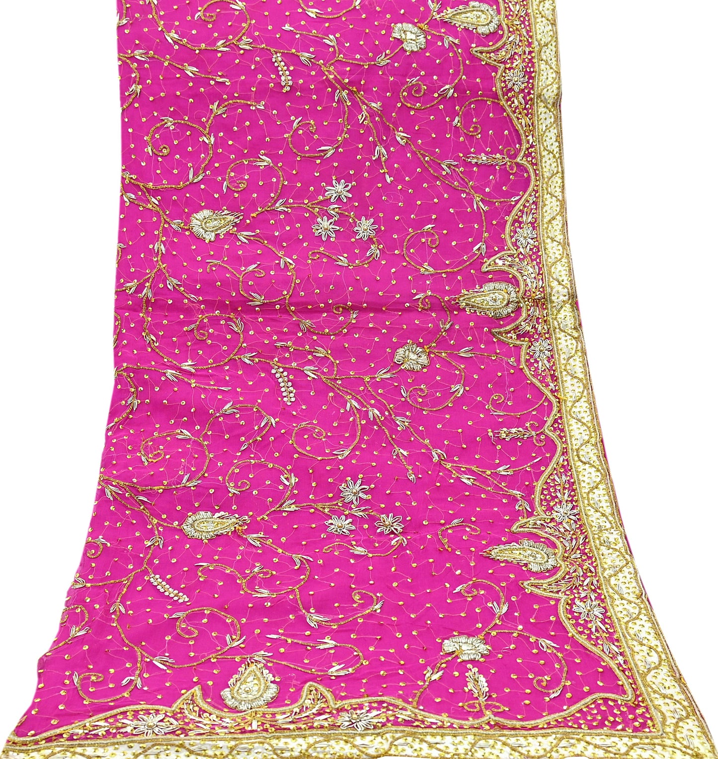 Indian Vintage Heavy Bridal Rani Pink Dupatta Pure Chiffon Silk Long Stole Hand Embroidered Scarf Zardozi Zari Sequins Wedding Veil Hijab