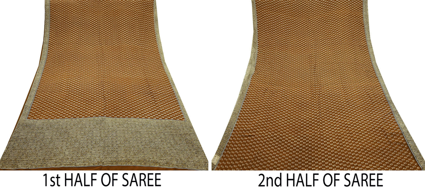 Indian Vintage Sari Green & Rusty Pure Crepe Silk Printed Sarees 5yd Sewing Soft Craft Fabric Wrap Upcycle Quilting Crafting Dress making