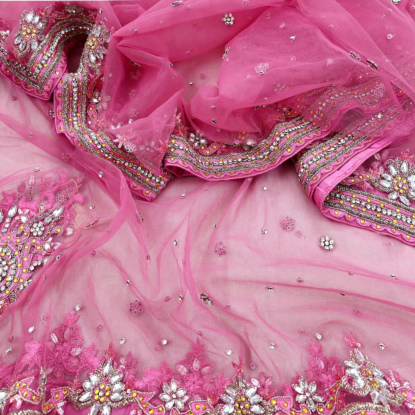 Indian Vintage Heavy Bridal Pink Dupatta Net Mesh Long Stole Hand Embroidered Scarves Golden Zardozi Dabka Zari Sequins Wedding Veil Hijab