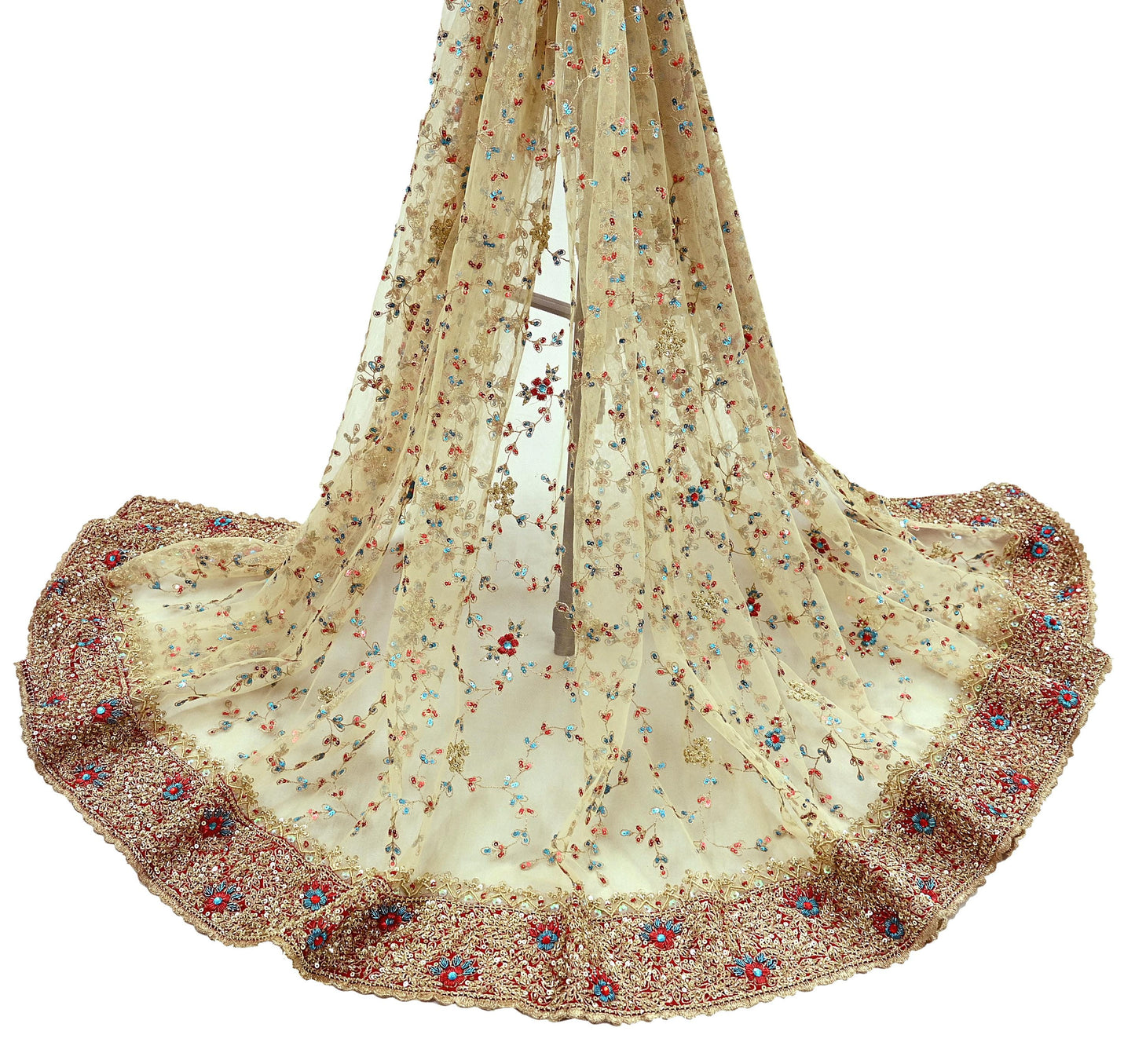Indian Vintage Heavy Ivory Dupatta Net Mesh Long Stole Hand Embroidered Scarves Golden Zardozi Dabka Zari Wedding/Bridal Veil