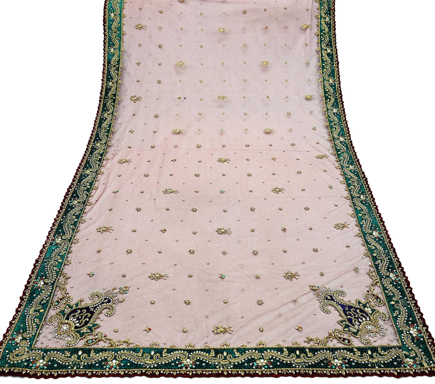 Indian Vintage Heavy Wedding Maroon Dupatta Net Mesh Long Stole Hand Embroidered Scarves Golden Zardozi Zari Sequins Dridal Veil Hijab