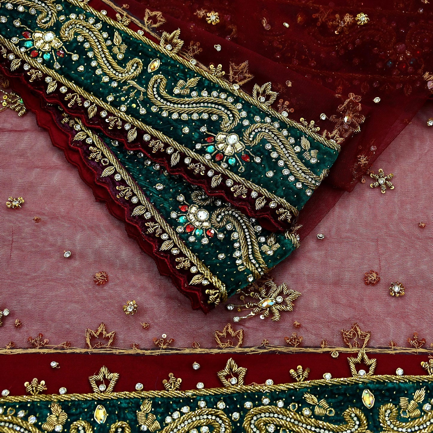 Indian Vintage Heavy Wedding Maroon Dupatta Net Mesh Long Stole Hand Embroidered Scarves Golden Zardozi Zari Sequins Dridal Veil Hijab