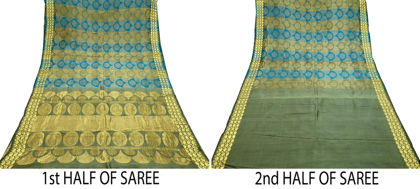 Indian Vintage Heavy Sari Green & Blue Kanjivaram Saree 100% Pure Silk Zari 6Yd Crafting Dress making For Crafting Quilting Upcycle