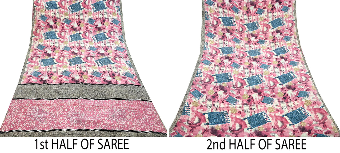 Indian Vintage Pink & Ivory Saree Pure Crepe Silk Printed Sari Craft Fabric 5yd Sewing Soft Wrap Crafting Quilting Dress making Upcycle
