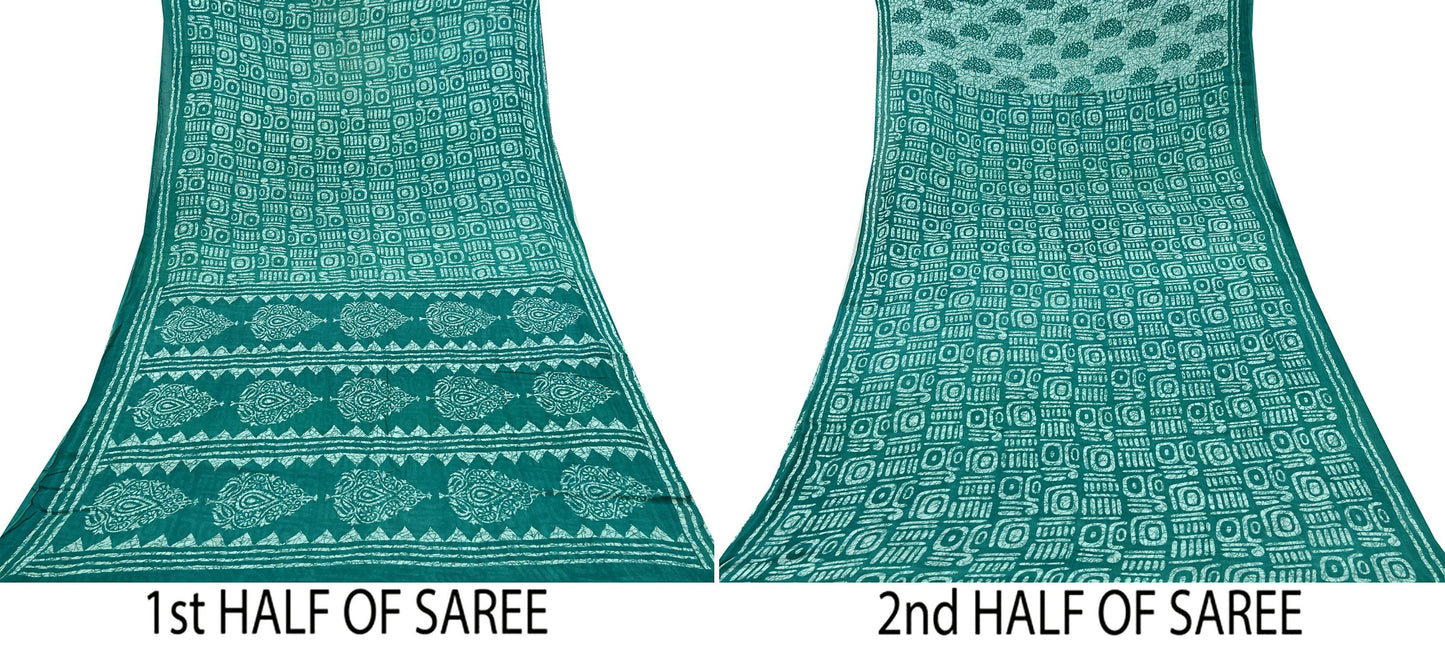 Indian Vintage Sari Green Batik Printed Saree 100% Pure Cotton 5Yd Craft Fabric Soft Sewing Sarong Wrap Boho Quilting Dress Making