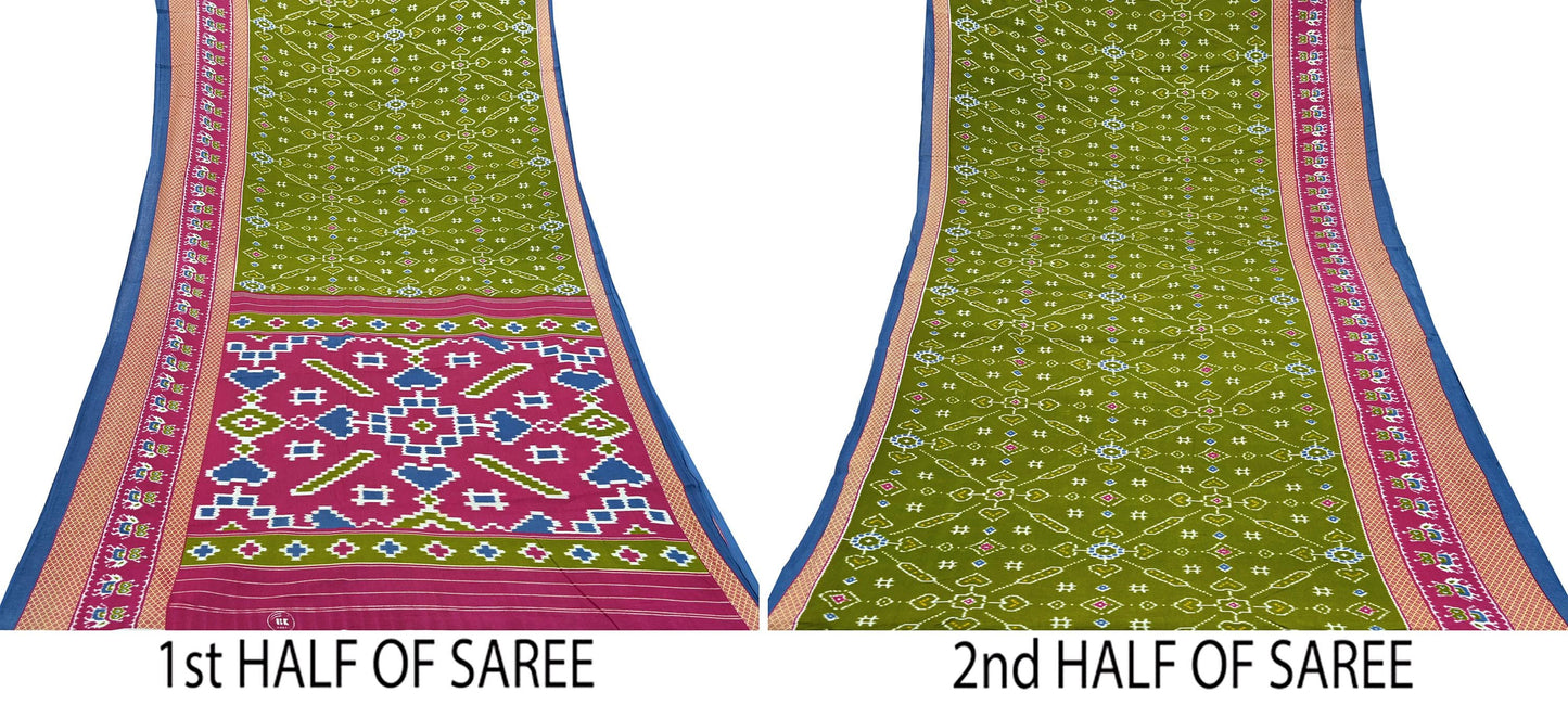 Indian Vintage Green Saree Printed Pure Cotton Sari Craft Fabric 5Yd Sewing Soft Sarong Wrap Boho Floral Dress Making Quilting Crafting Used
