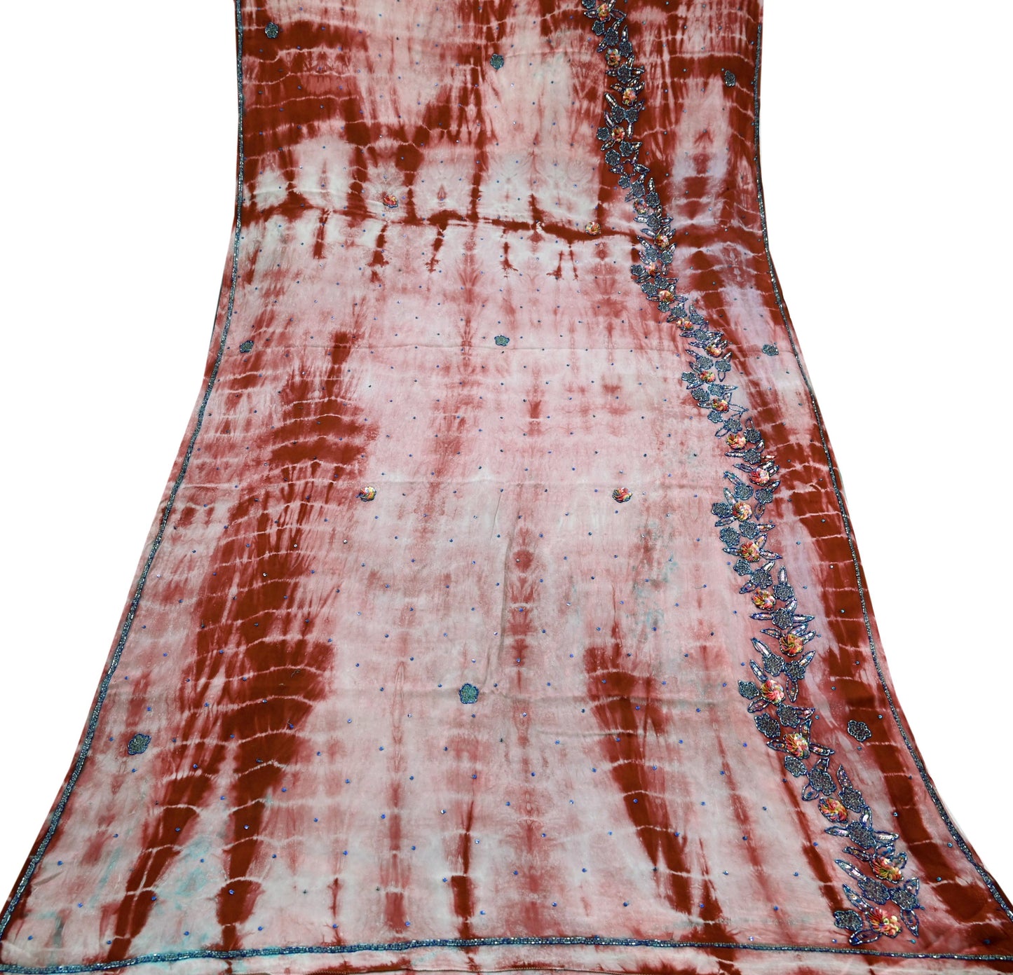 Indian Vintage Saree Pure Crepe Silk Hand Embroidered Tie-Dye Sari Fabric 5yard Sewing Craft Fabric Ethnic Dressmaking Crafting Zardozi Zari