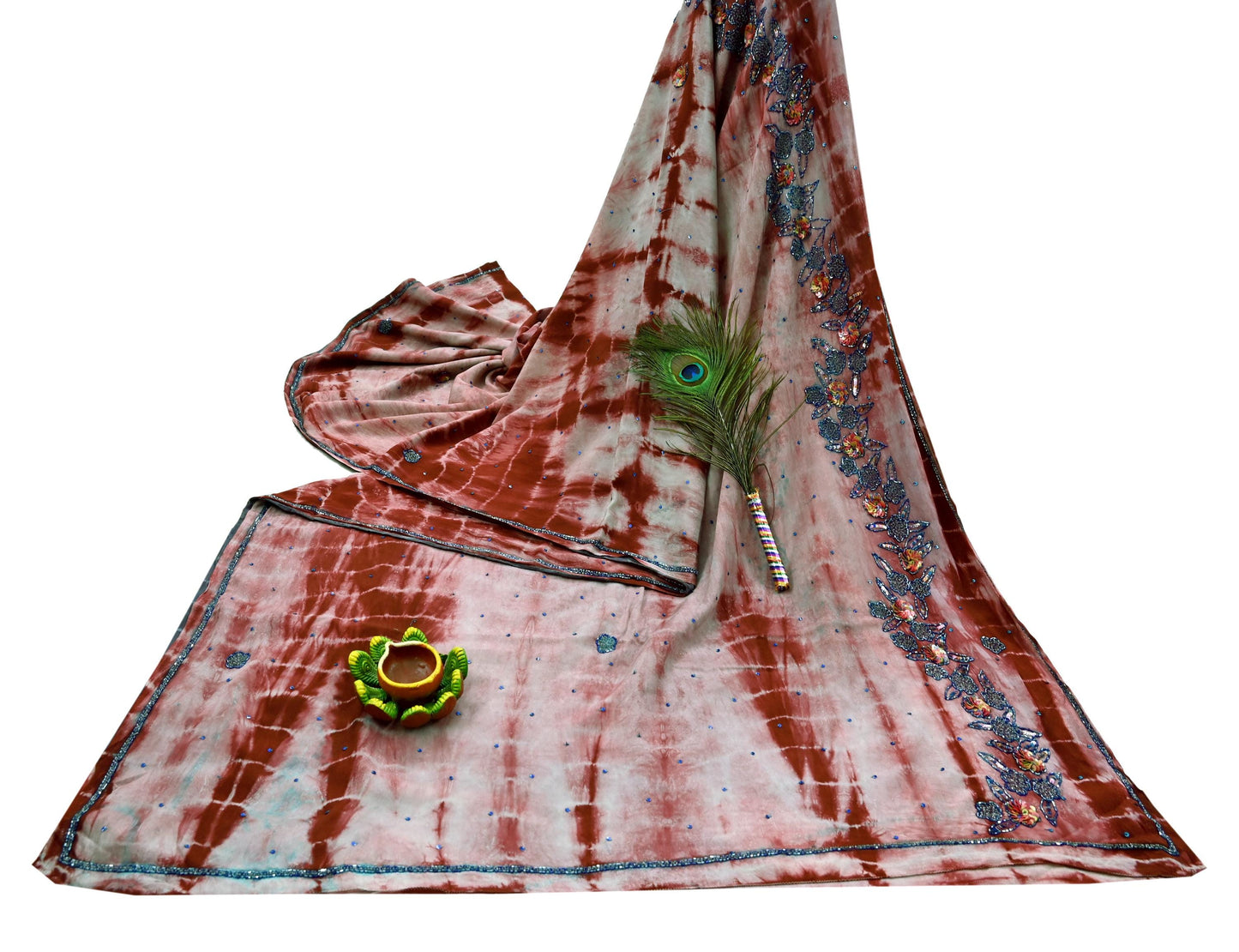 Indian Vintage Saree Pure Crepe Silk Hand Embroidered Tie-Dye Sari Fabric 5yard Sewing Craft Fabric Ethnic Dressmaking Crafting Zardozi Zari