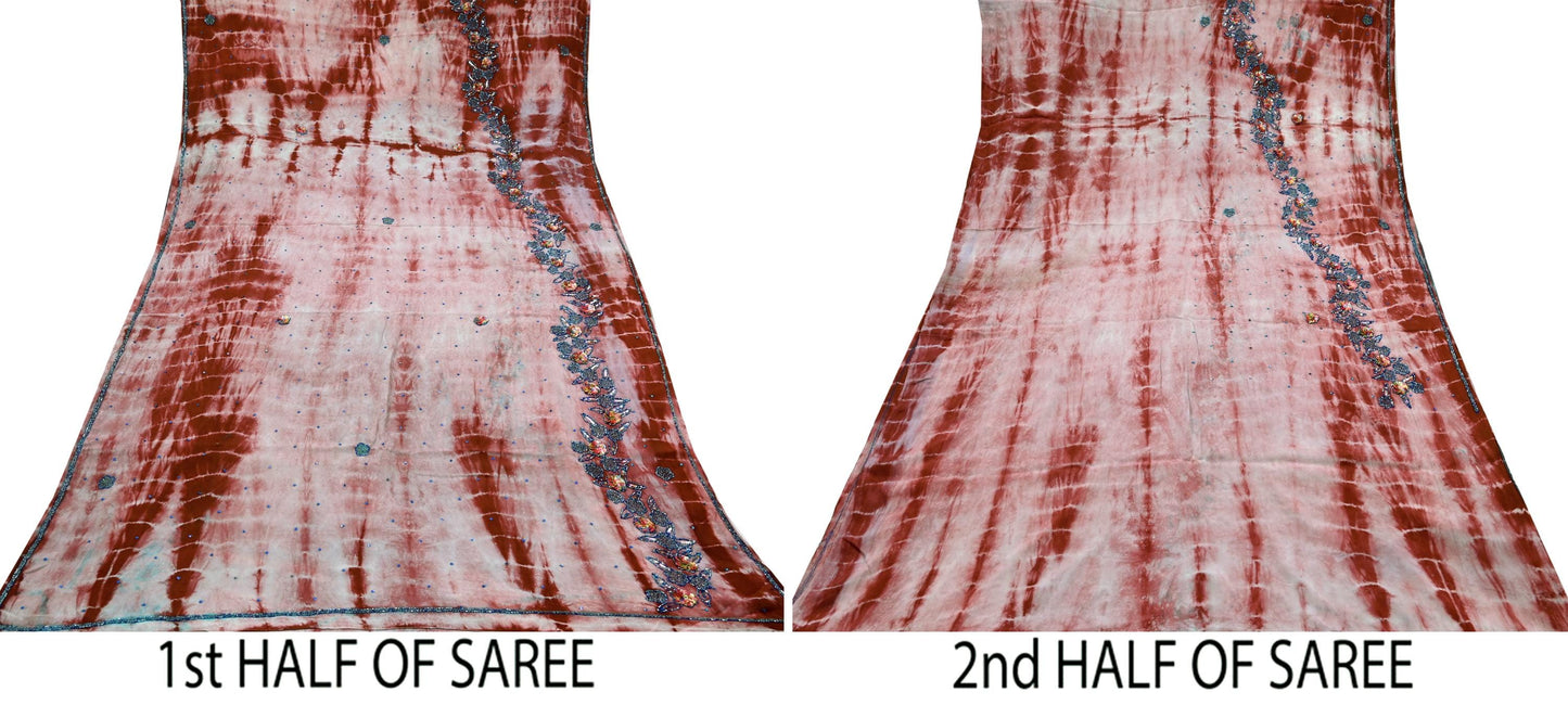 Indian Vintage Saree Pure Crepe Silk Hand Embroidered Tie-Dye Sari Fabric 5yard Sewing Craft Fabric Ethnic Dressmaking Crafting Zardozi Zari