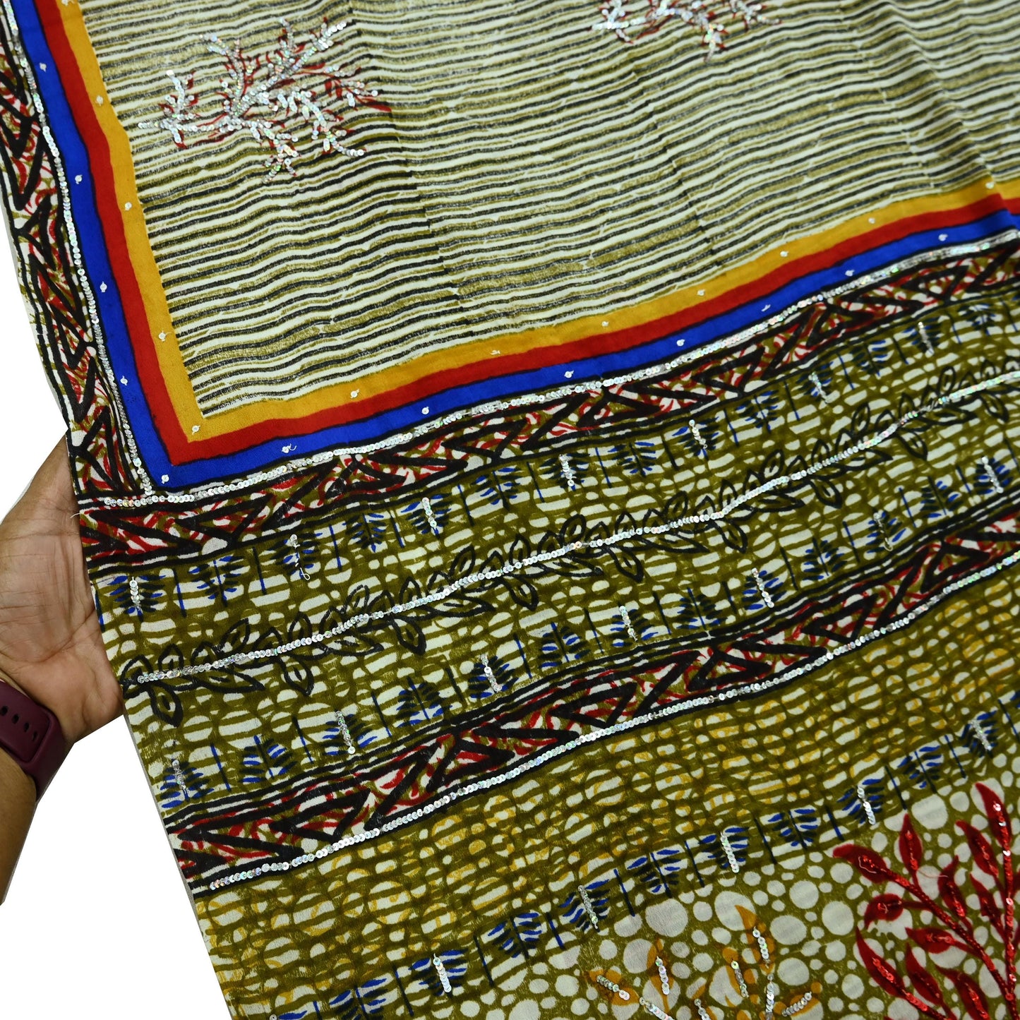 Indian Vintage Sari Pure Crepe Silk Hand Embroidered Saree 5yd Sewing Floral Craft Fabric Sequins Dress making Crafting Quilting
