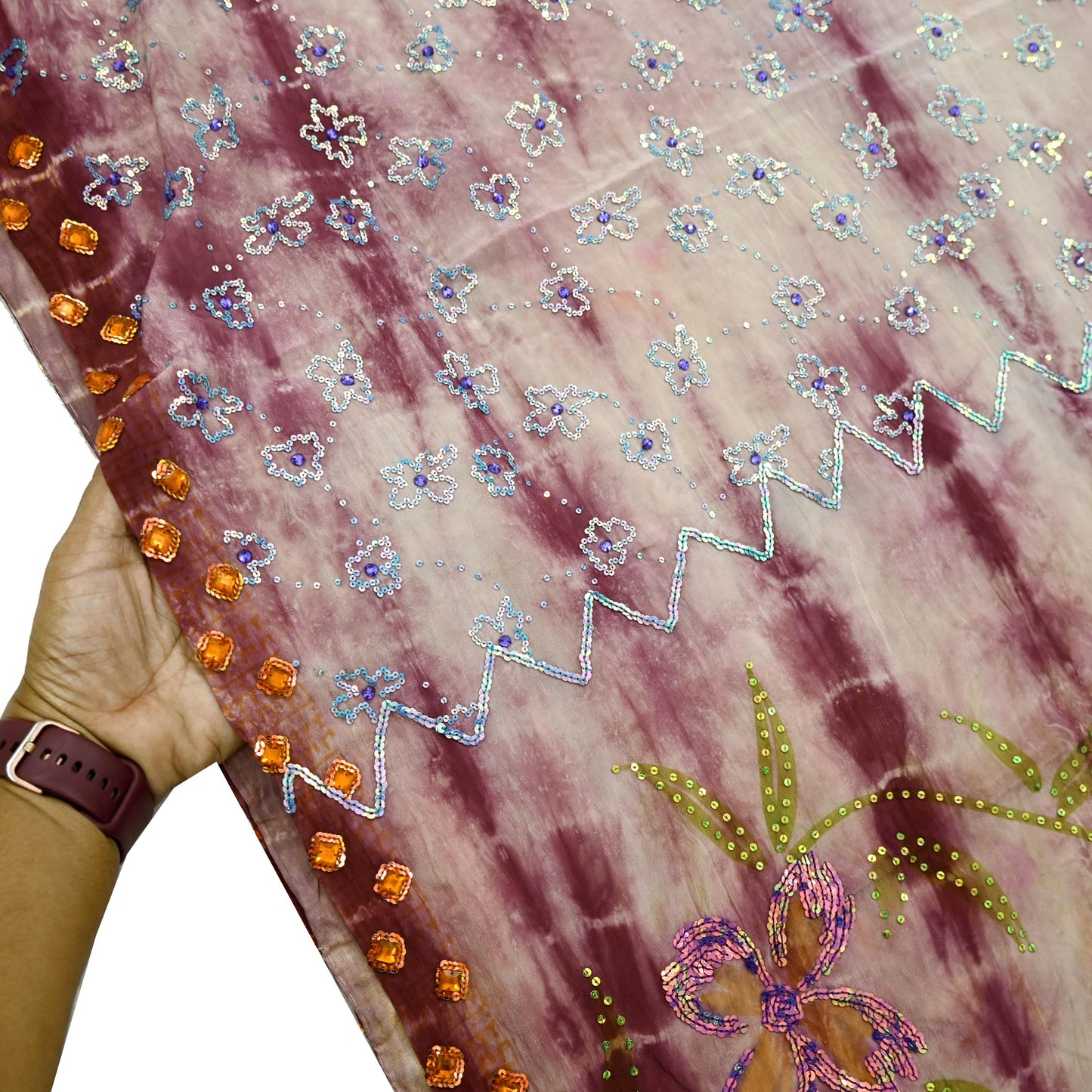Indian Vintage Saree Pure Crepe Silk Hand Embroidered Tie-Dye Sari Fabric 5yard Sewing Craft Fabric Ethnic Dressmaking Crafting Zardozi Zari