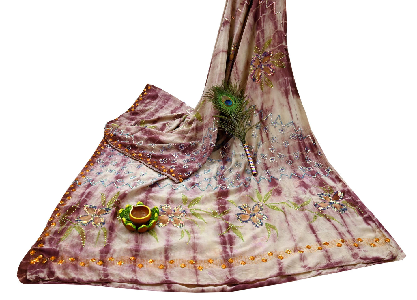 Indian Vintage Saree Pure Crepe Silk Hand Embroidered Tie-Dye Sari Fabric 5yard Sewing Craft Fabric Ethnic Dressmaking Crafting Zardozi Zari