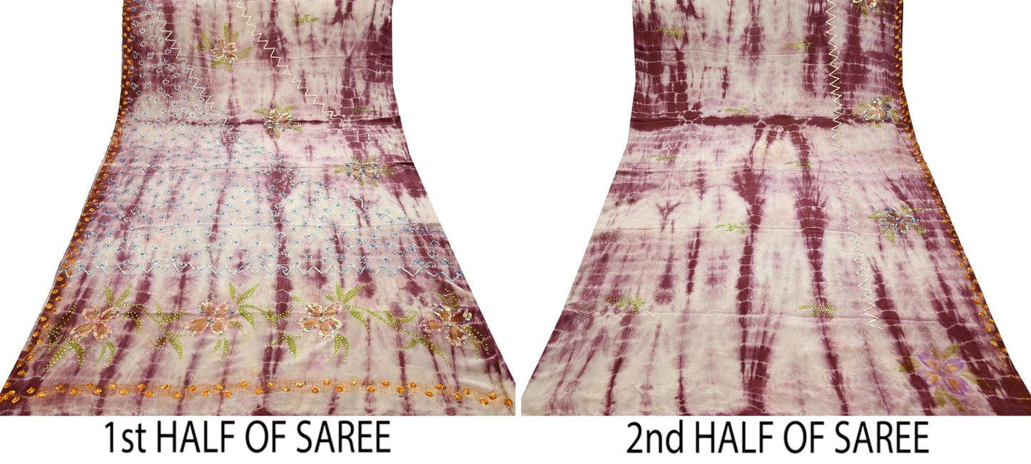 Indian Vintage Saree Pure Crepe Silk Hand Embroidered Tie-Dye Sari Fabric 5yard Sewing Craft Fabric Ethnic Dressmaking Crafting Zardozi Zari