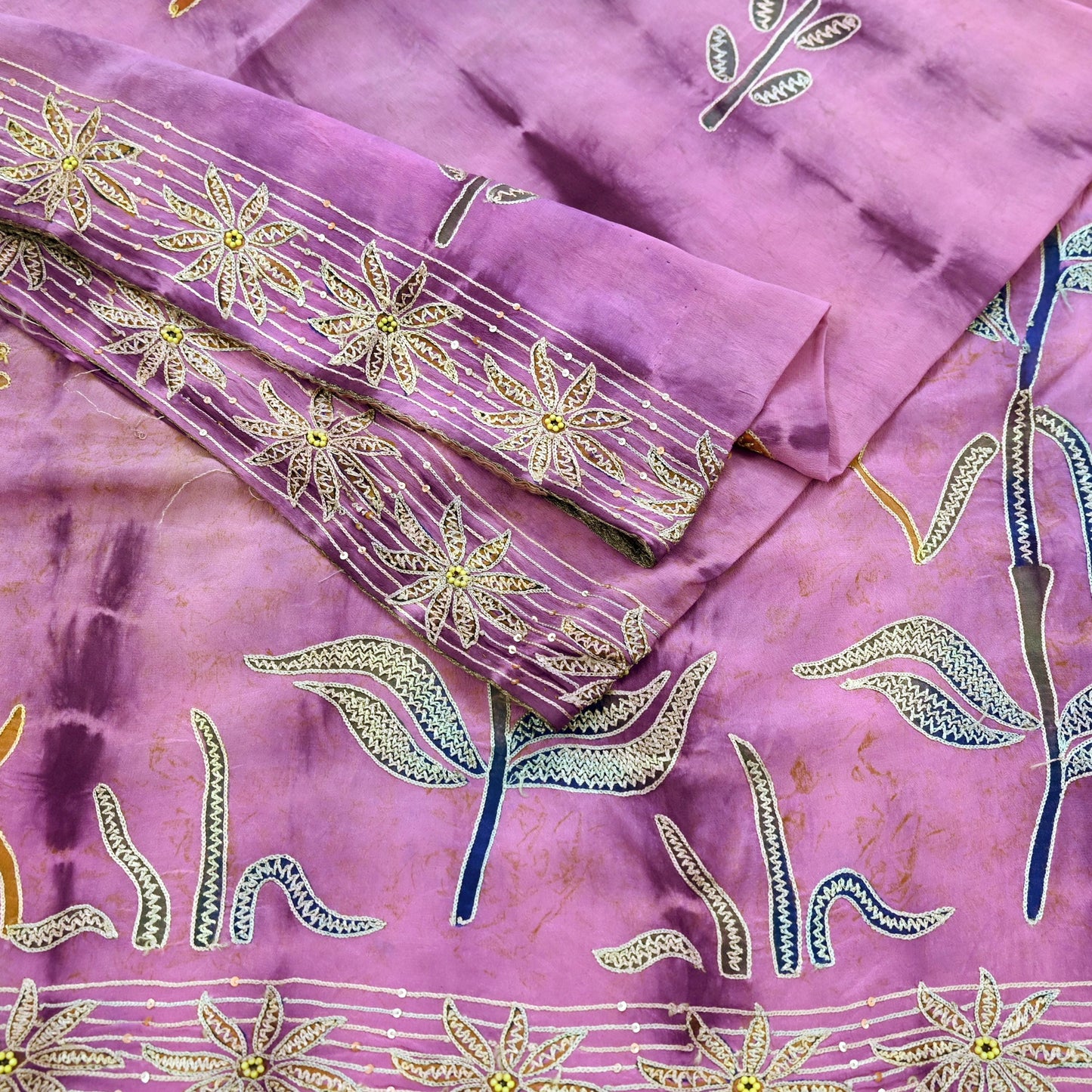 Indian Vintage Sari Pure Crepe Silk Hand Embroidered Sarees 5yd Sewing Craft Fabric Ethnic Wrap Upcycle Quilting Crafting Dress Making