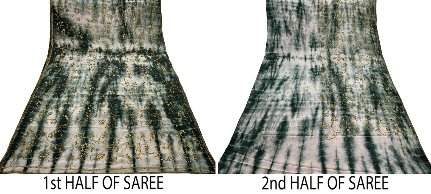 Indian Vintage Saree Pure Crepe Silk Hand Embroidered Tie-Dye Sari Fabric 5yard Sewing Craft Fabric Ethnic Dressmaking Crafting Zardozi Zari