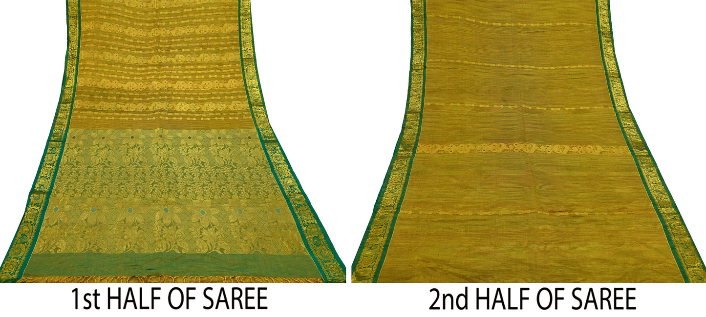 Indian Vintage Heavy Green & Golden Kanjivaram Saree 100% Pure Silk Sari Metallic Zari 5Yd Floral Crafting Dress making Ethnic Fringes