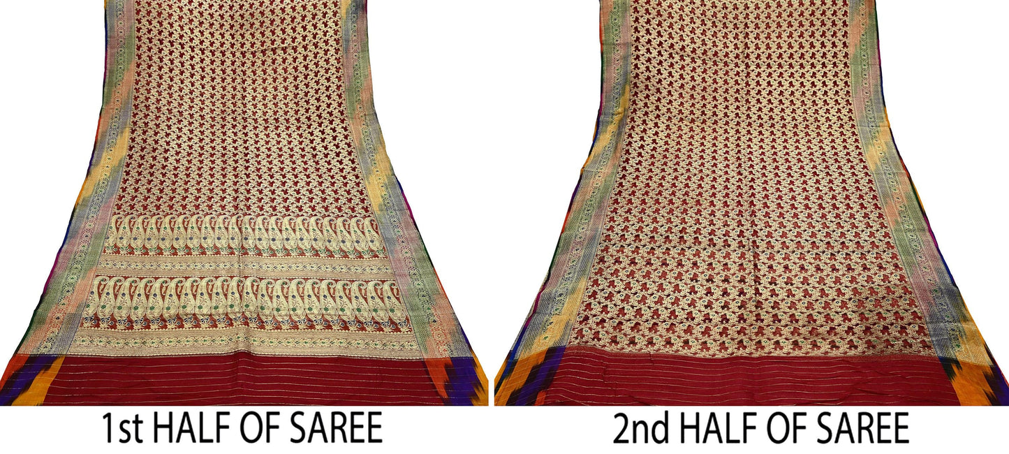 Indian Vintage Sari Heavy Maroon Pure Organza Silk Woven Brocade Banarasi Sarees Zari 5Yd Ethnic Fabric Dress Making Wedding Sarees