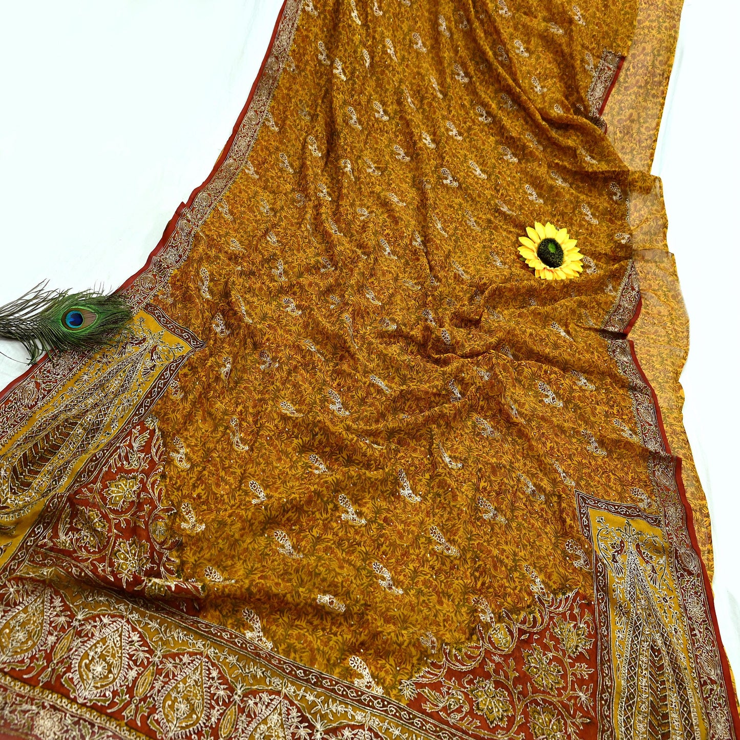 Indian Vintage Saree Pure Chiffon Silk Pre-owned Hand Beaded Ritu Kumar Designer Sari Fabric 6-Yards Soft Ethnic Bollywood Party sarees