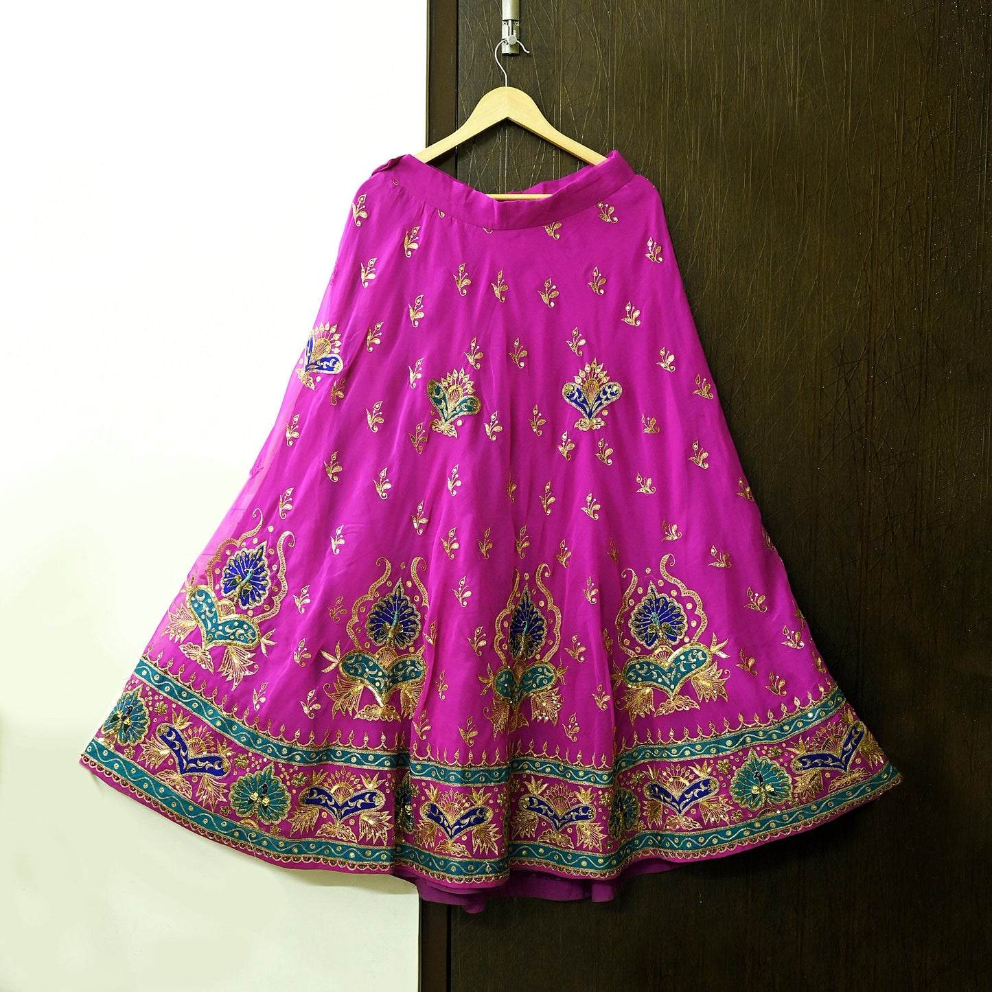 Indian Vintage Magenta American Georgette Hand Embroidered Rajputi Phoshak Lehenga/Dupatta 2pcs Set Bridal Party Wear Peacock Design Zari