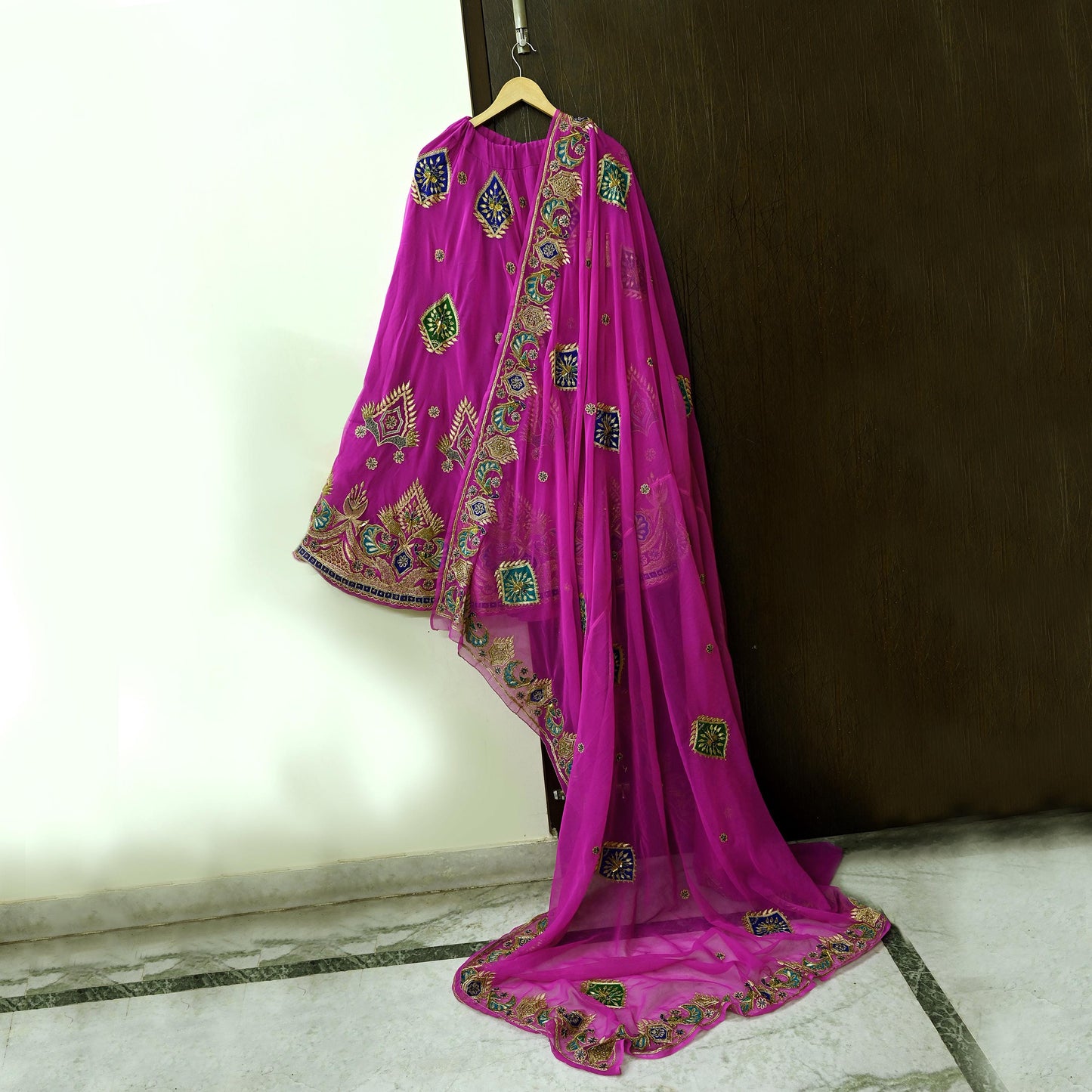 Indian Vintage Magenta American Georgette Hand Embroidered Rajputi Phoshak Lehenga/Dupatta 2pcs Set Bridal Party Wear Peacock Design Zari