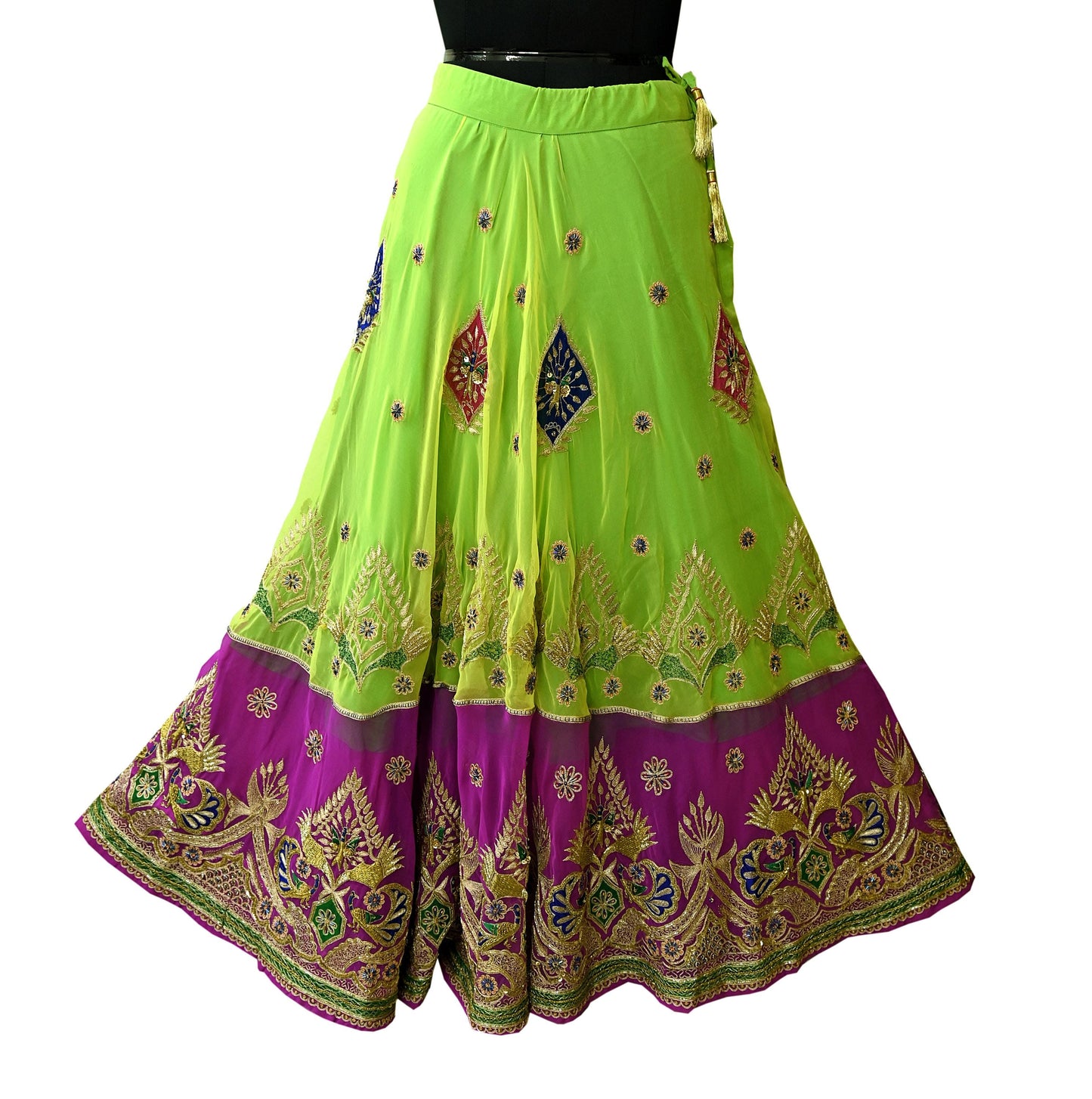Indian Vintage Magenta & Green American Georgette Hand Embroidered Rajputi Phoshak Lehenga/Dupatta 2pcs Set Bridal Party Wear Peacock Design