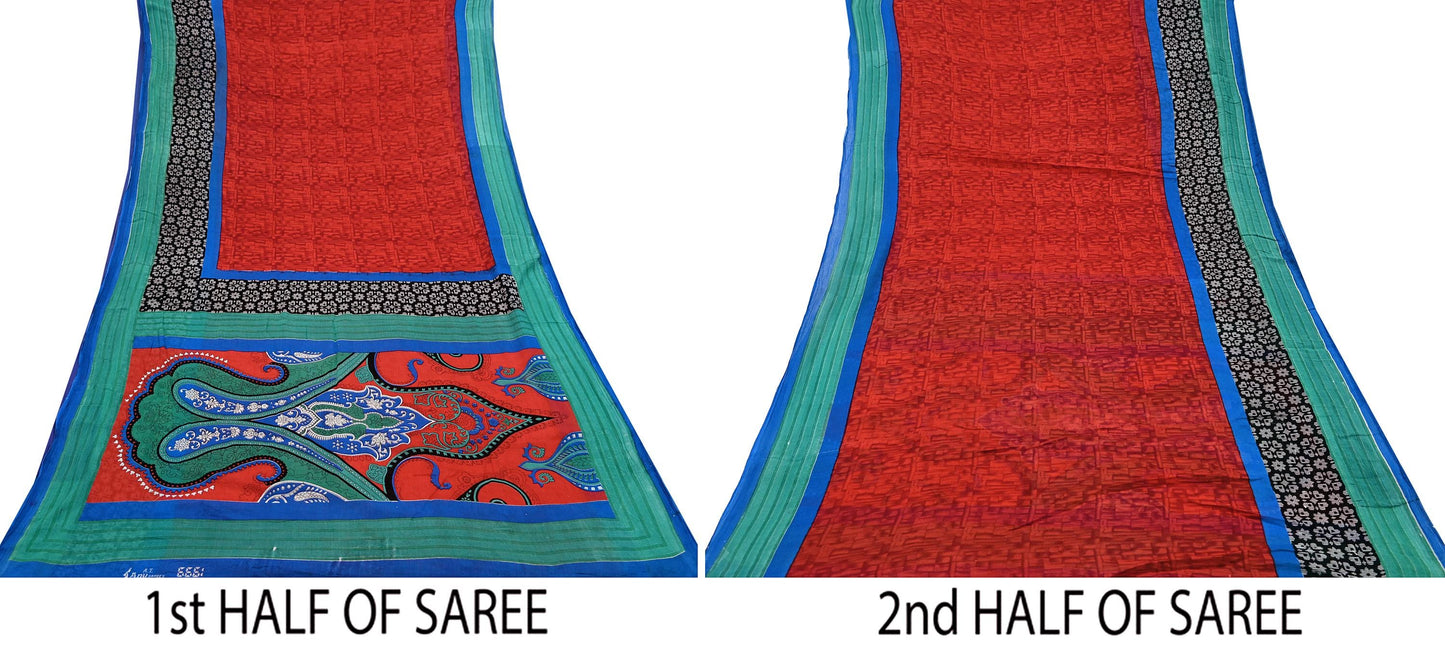 Indian Vintage Sari Red & Blue Printed 100% Pure Cotton Saree Craft Fabric 5Yard Sewing Sarong Wrap Boho Floral