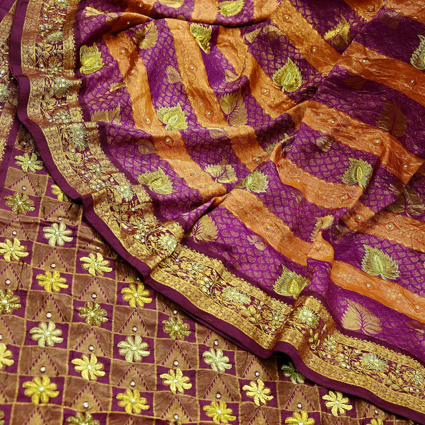 Indian Vintage Heavy Hand woven Kanjivaram Saree 100% Pure Silk Sari Metallic Golden Zari 5Yd Floral Crafting Dress making Fringes