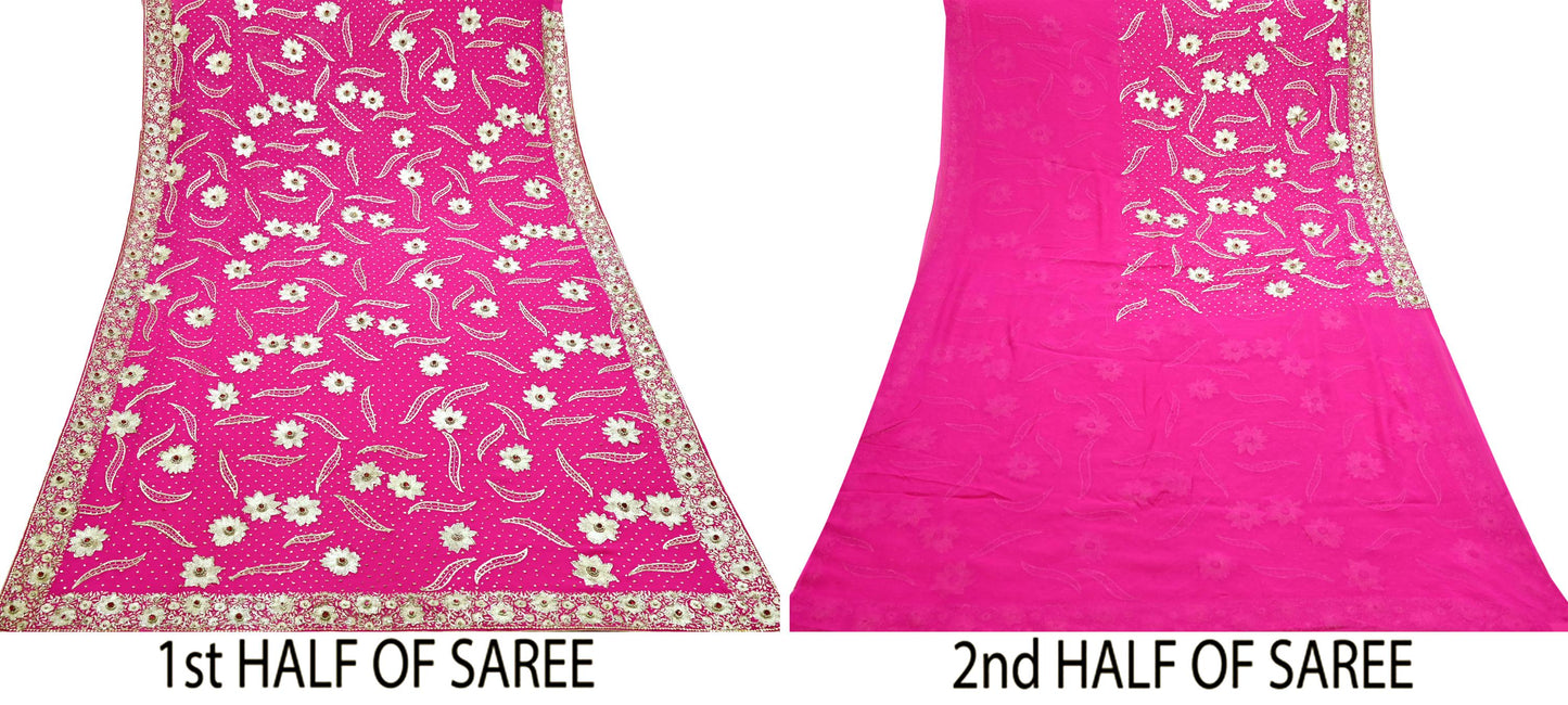 Indian Pre-owned Heavy Sari Rani Pink Pure Georgette Silk Hand Embroidered Sarees Designer Abu Jani 6Yd Sewing Ethnic Sarees