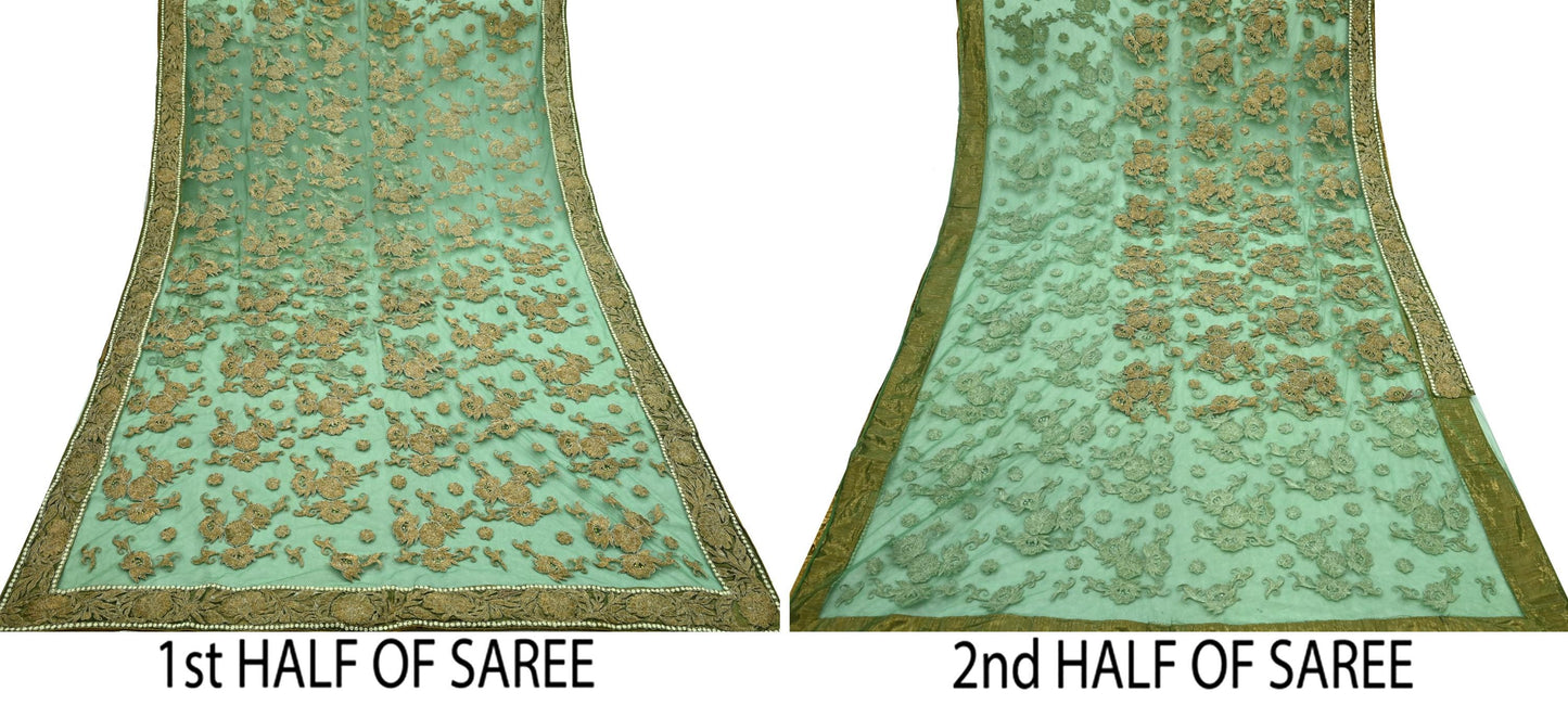 Indian Pre-Owned Sari Green Net/Mesh Hand Embroidered Designer Manish Malhotra Sarees 6Yd Ethnic Zardozi/Dabka Zari Wedding Saree