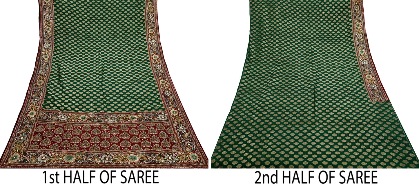 Indian Pre-owned Sari Maroon & Green Pure Silk Hand Embroidered Anamika Khanna Designer Sarees Ethnic 5Yd Sewing Zardozi Wedding Sarees