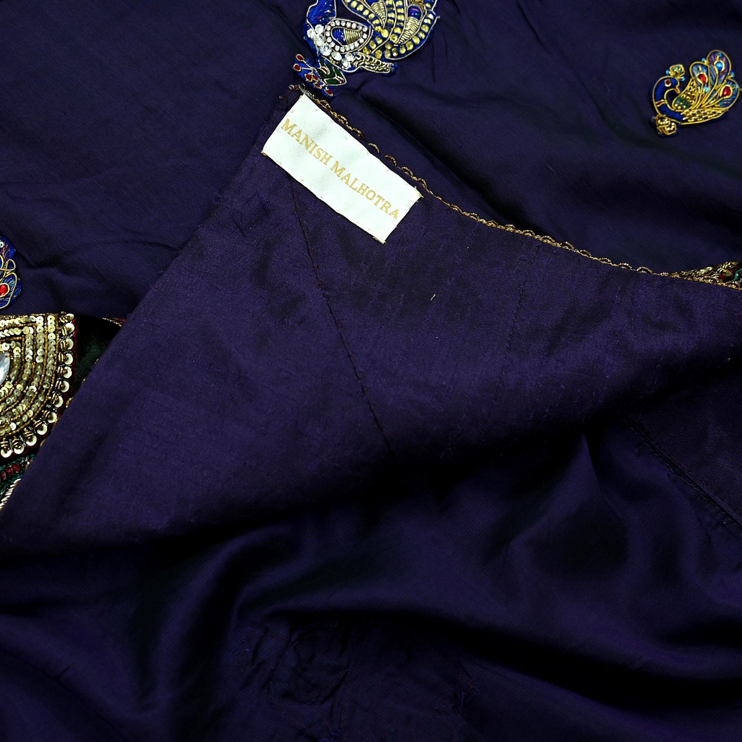 Indian Pre-Owned Sari Purple & Green Net/Mesh Hand Embroidered Brocade Designer Manish Malhotra Lehenga Sarees Ethnic Zardozi Peacock