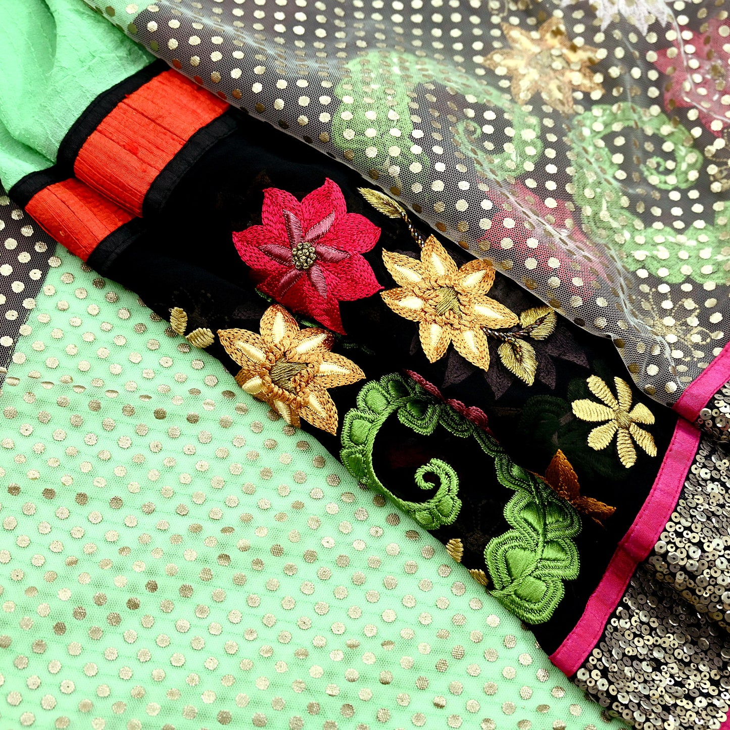 Indian Vintage Sari Pure Georgette Silk/Net Hand Beaded Sarees Fabric 6Yd Sewing Ethnic Dress making Quilting Bollywood