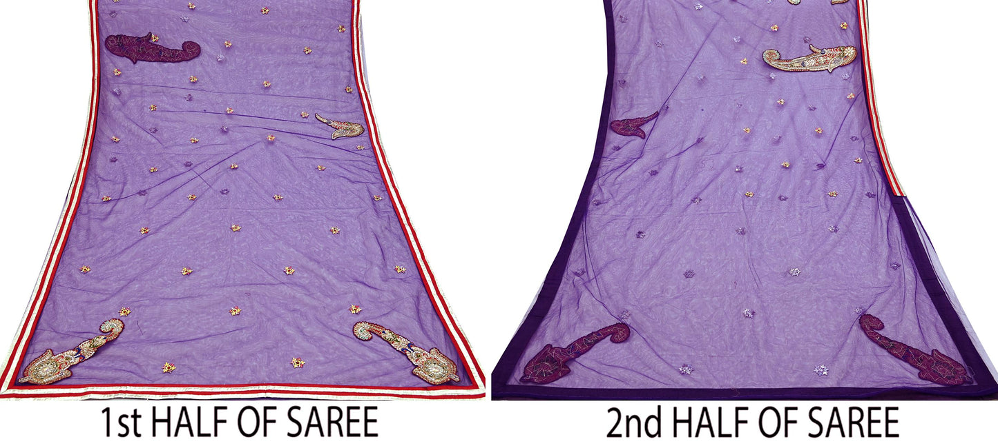 Indian Vintage Heavy Sari Purple Net/Mesh Hand Embroidered Sarees Craft Fabric 6Yd Sewing Soft Zardozi Wedding sarees With Blouse fabric