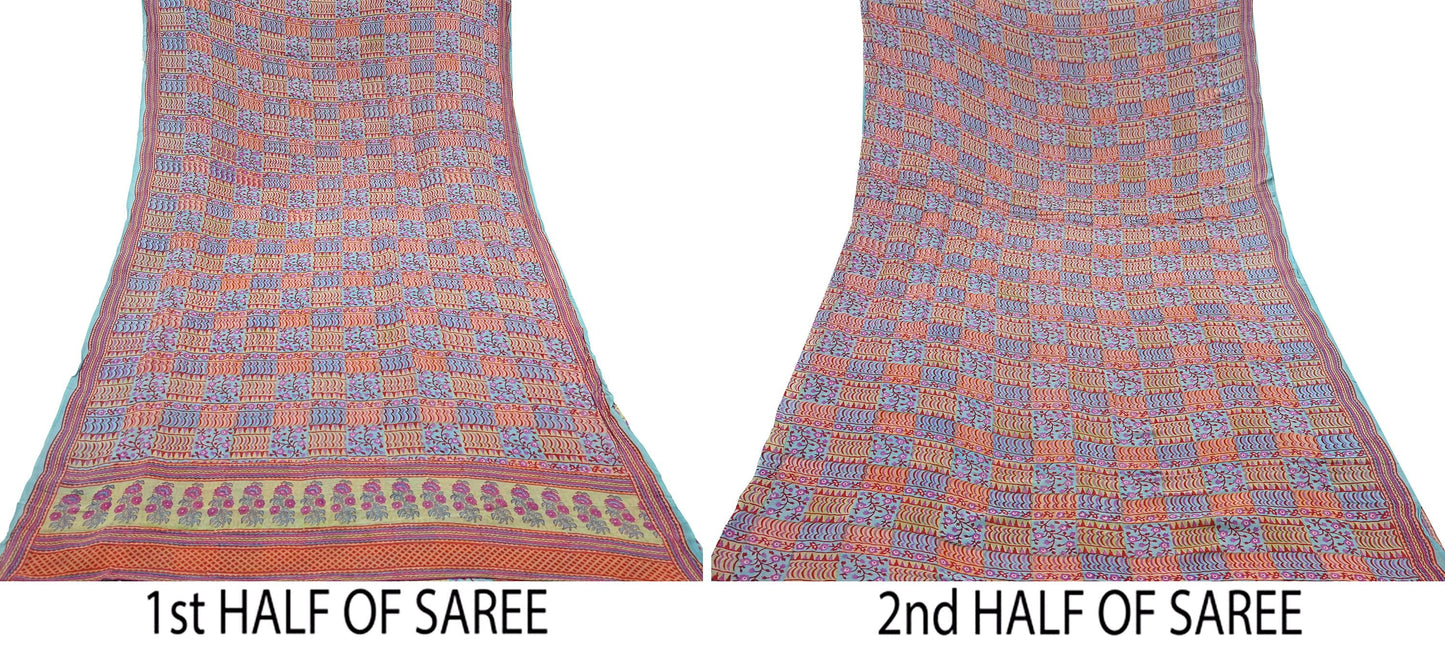 Indian Vintage Sari Green & Blue Pure Georgette Silk Printed Sarees Craft Fabric Sewing 5Yd Soft Sari Dress Making Crafting Quilting Upcycle