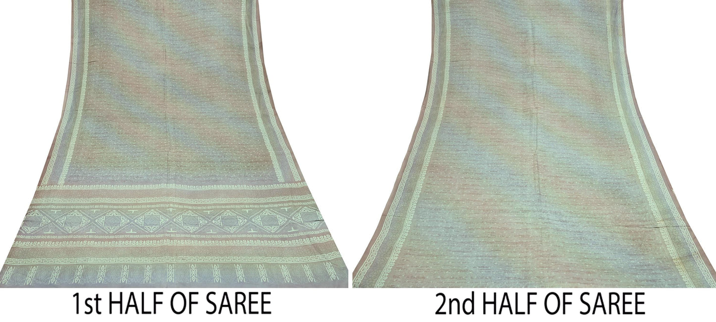 Indian Vintage Sari Green & Brown Pure Silk Printed Sarees 5yd Sewing Craft Fabric Dress Making Soft Wrap Upcycle Used Quilting Crafting