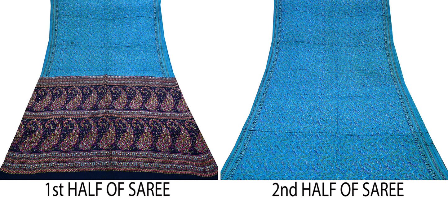 Indian Vintage Saree Blue Pure Silk Printed Sari 5yd Craft Fabric Sewing Floral Soft Wrap Sarong Quilting Used Dress making Quilting Upcycle