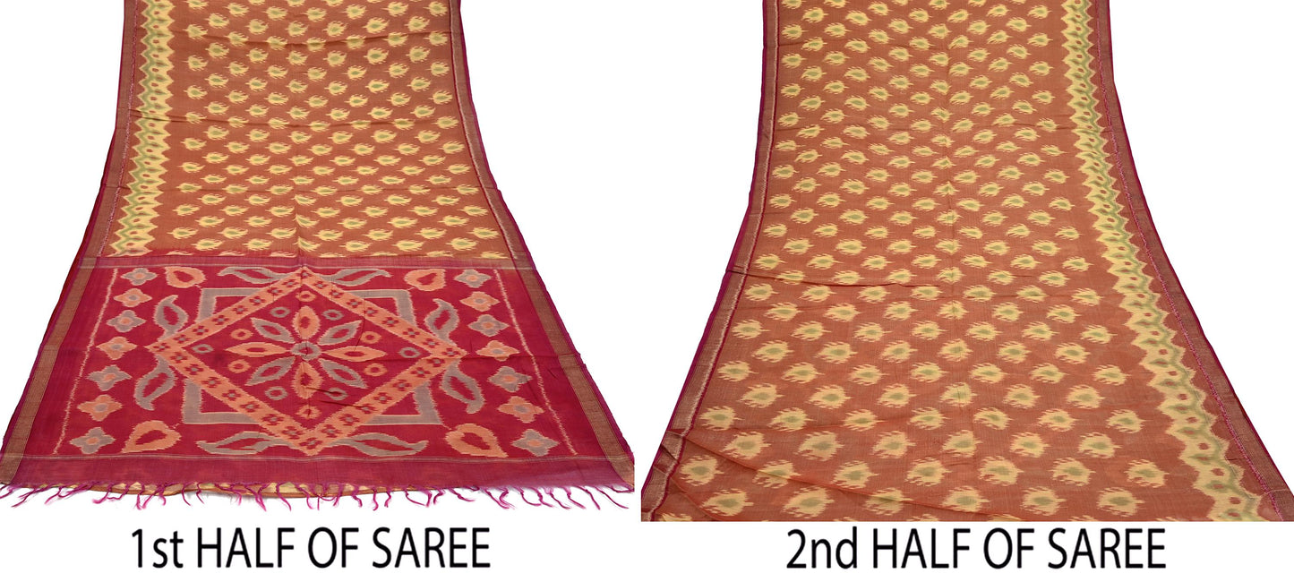 Indian Vintage Red & Rusty Saree Pure Silk Pochampally Hand Woven Ikat Sari Craft Fabric 5Yd Ethnic Zari Border Dress making Fringes