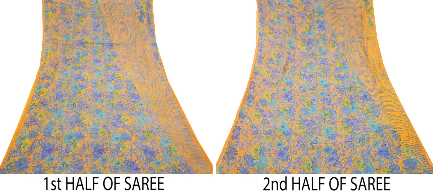 Indian Vintage Sari Orange Pure Chiffon Silk Printed Sarees Craft Fabric Sewing 5Yard Soft Light Sari Dress Making Quilting Upcycle Crfating