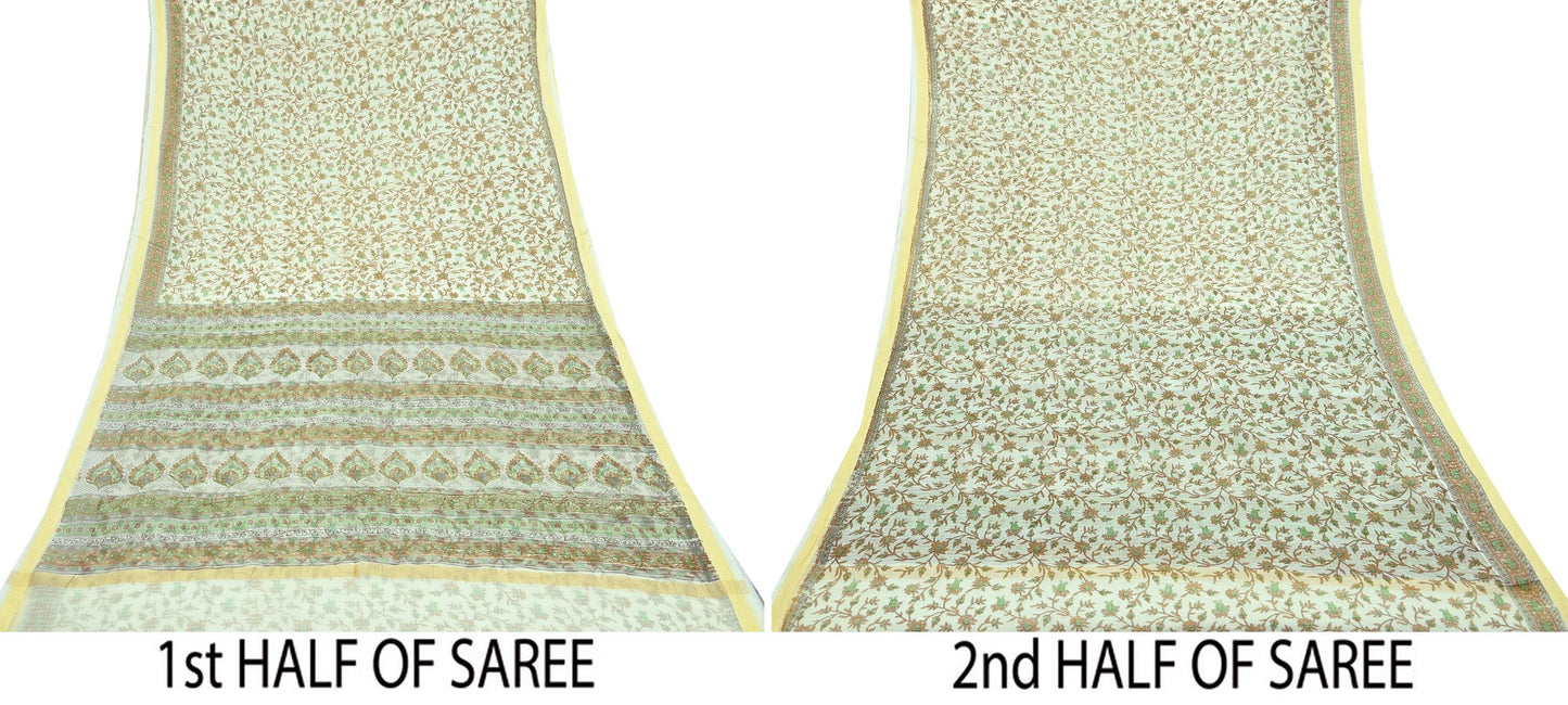 Indian Vintage Ivory Sarees Pure Cotton Block Printed Sari 5yd Sewing Craft Fabric DressMaking Soft Crafting Quilting Upcycle Zari