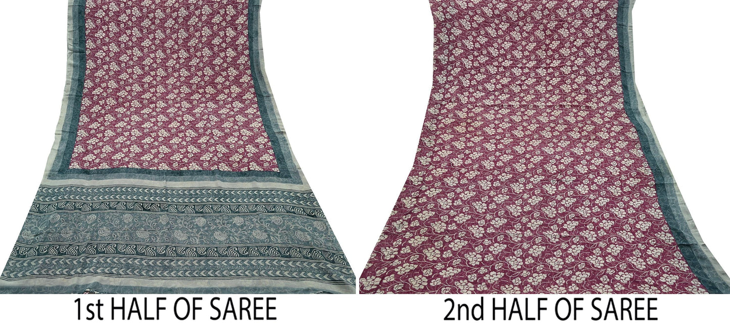 Women Vintage Sari Green & Maroon Pure Georgette Silk Printed Saree Craft Fabric Sewing 5Yard Soft Light Dress Making Floral